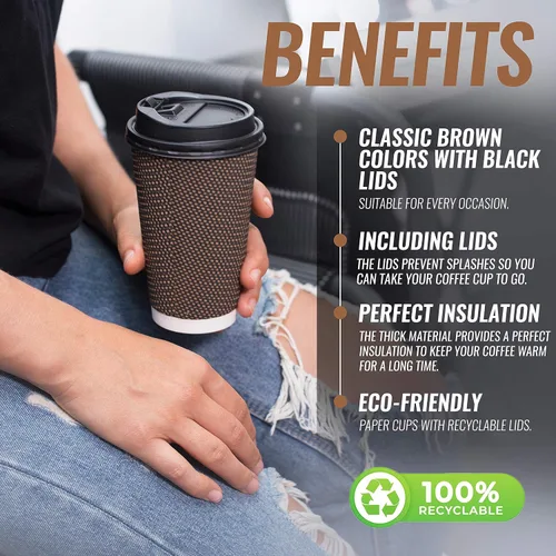 Miniatura 5 de Promora Tazas de café desechables marrones con tapas de 16 onzas, tazas de papel onduladas de papel aislado premium para café caliente
