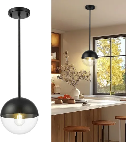 Miniatura 15 de LMS Luces colgantes negras de 8 pulgadas para isla de cocina, lámpara colgante moderna de globo con vidrio esmerilado, lámpara colgante Negro