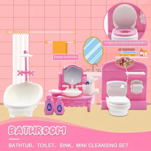 Miniatura 6 de Casa de muñecas, con sala de estar, dormitorio, baño, muebles de cocina, casa de muñecas de doble cara con 1 muñeca, 3 juegos de ropa, luces