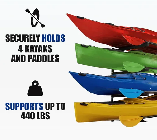 Miniatura 3 de Soporte de pared para kayak para 4 kayaks, soporte de paleta de kayak para almacenamiento de garaje, estantería de cobertizo, capacidad