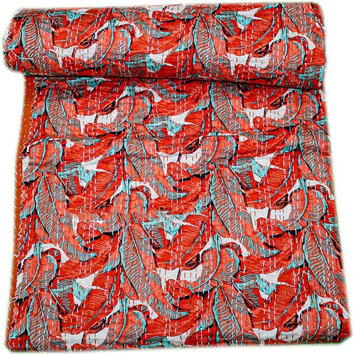 Miniatura 5 de Manta Kantha de retazos bohemios, manta de cama bohemia tamaño King, colcha Kantha con estampado de frutas, funda de cama Kantha hecha a mano Beige