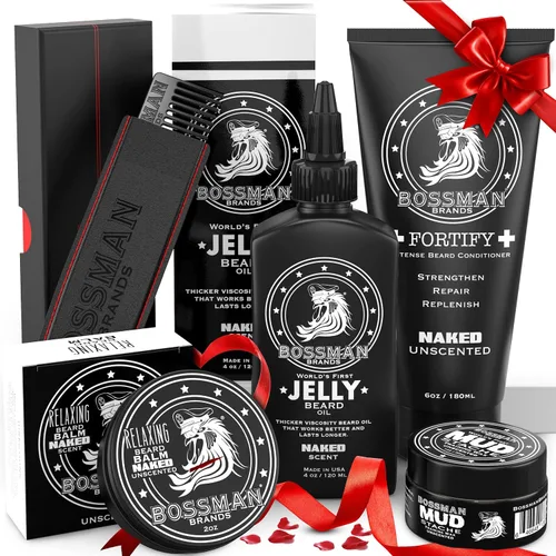 Miniatura 13 de Bossman Kit completo de gelatina de aceite para barba para hombre, acondicionador de ducha fortificante, bálsamo, cera de bigote y peine, suavizante