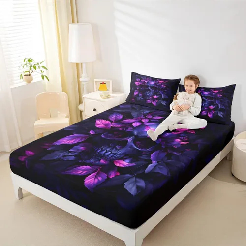 Miniatura 25 de Erosebridal Sábanas de cama de polilla de la muerte, sábana bajera ajustable de calavera gótica, tamaño individual, sábanas florales de flores