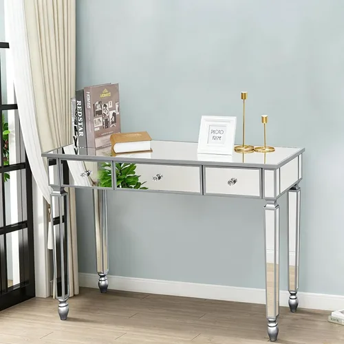 Henf Mesa de consola con espejo, mesa de tocador de maquillaje, mesa de entrada plateada de 3 cajones para mujeres y niñas, entrada, hogar, oficina,