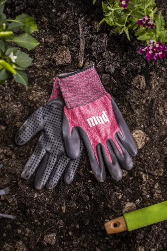 Miniatura 7 de Guantes de jardinería para mujer Mud Grip de tejido de nylon sin costuras, resistentes al agua, con palma de nitrilo punteado Rosa