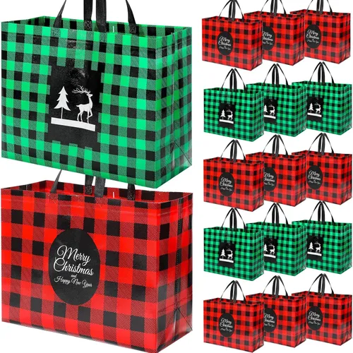 Miniatura 10 de Colarr 12 piezas bolsas de mano de Pascua extra grandes con asa, bolsa de regalo de primavera, no tejida, a cuadros búfalo, impermeable