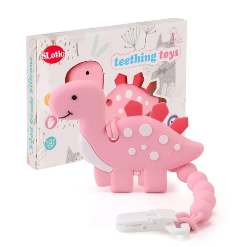 Miniatura 8 de Juguetes de dentición para bebés de 3-6 6-12 meses, juguete mordedor de dinosaurio para alivio del dolor con diseño de una pieza, conjunto de clip