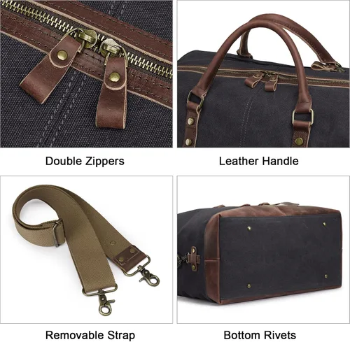 Miniatura 30 de S-ZONE - Bolsa de viaje de lona sobredimensionada con adornos de cuero genuino, bolsa deportiva de hombro de fin de semana, bolso de fin de semana