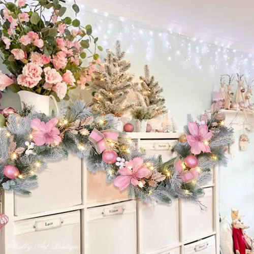 Miniatura 5 de Guirnalda de Navidad rosa de 6 pies para puerta delantera con 30 luces LED con temporizador, guirnalda festiva iluminada para vacaciones con copo