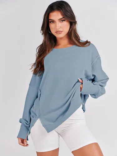 Miniatura 3 de ANRABESS Sudadera de gran tamaño para mujer, cuello redondo, manga larga, casual, con abertura, para otoño de 2024, ropa de preparación