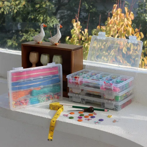 Miniatura 2 de Paquete de 4 cajas organizadoras de plástico transparente con 15 divisores ajustables y 3 secciones fijas, funda de transporte portátil con asa