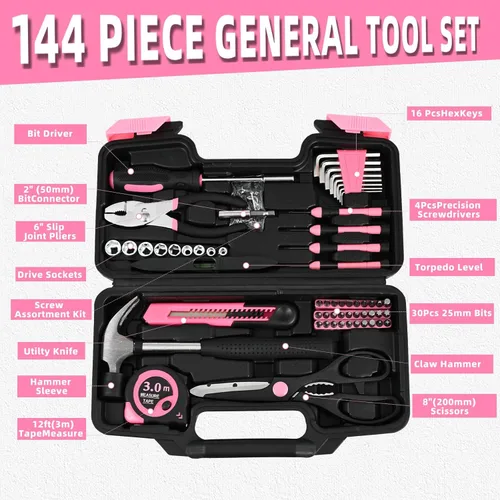 Miniatura 2 de Kit de herramientas de 144 piezas, color rosa, juego de herramientas básicas de reparación del hogar, kit de herramientas manuales para el hogar