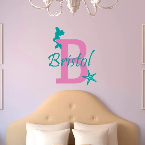 Calcomanía de pared de sirena con nombre personalizado, calcomanía de pared de estrella de mar de sirena con nombre personalizado para niñas,
