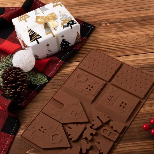 Miniatura 7 de Whaline Christams - Bandeja para hornear de casa de jengibre, moldes de silicona para postres, chocolate, dulces, galletas (2 piezas)