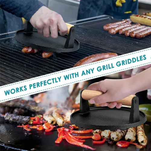 Miniatura 6 de HaSteeL Prensa de parrilla de hierro fundido individual, prensa de hamburguesa de tocino resistente de 7 pulgadas con mango de madera, prensa