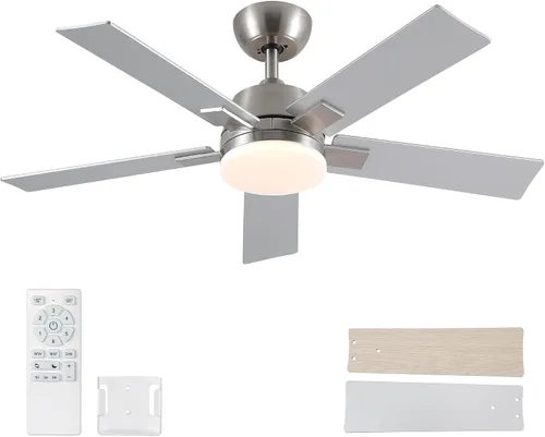Ventiladores de techo de 42 pulgadas con luces y control remoto, ventilador de techo de níquel cepillado, motor CC reversible de 6 velocidades, LED