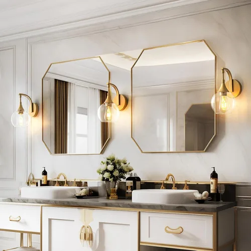 Miniatura 6 de Aplique de pared dorado, 1 luz de tocador de baño, lámpara de pared moderna con pantalla de vidrio transparente de 4.9 pulgadas, lámparas de pared