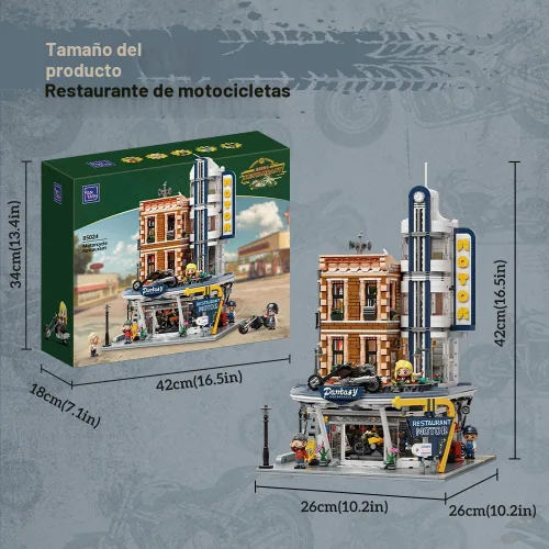 Miniatura 7 de PANTASY Conjunto de Construcción de Restaurante y Bar de Motocicleta Retro - Kit de Arquitectura Modular de Esquina de Calle con Puertas
