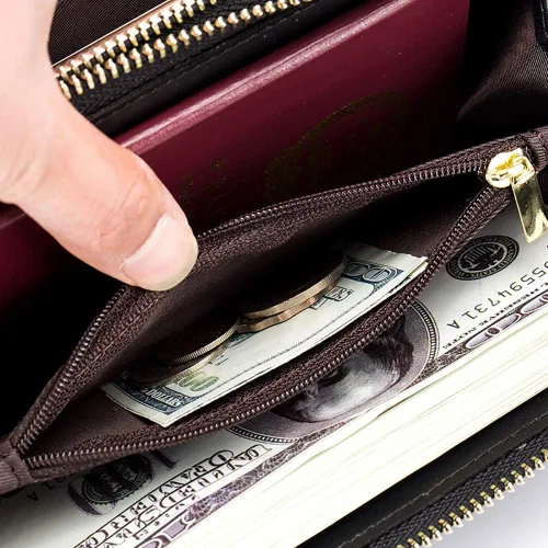 Miniatura 6 de Cartera de cuero para mujer con bloqueo RFID, bolsillo para teléfono inteligente con doble cremallera,Ranuras para efectivo de gran capacidad