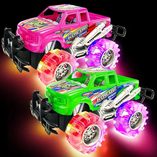 Miniatura 2 de ArtCreativity Juego de camión monstruo con luz rosa y verde para niños y niñas, el juego incluye 2 camiones monstruo de 6 pulgadas con hermosos