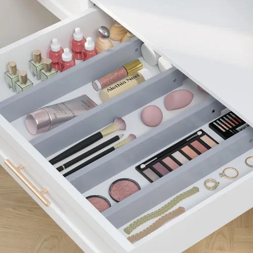 Miniatura 4 de Divisor de bambú para cajones de cocina, paquete de 4, organizador de cajones de utensilios ajustable de 17-22 pulgadas para tocador, baño, Gris