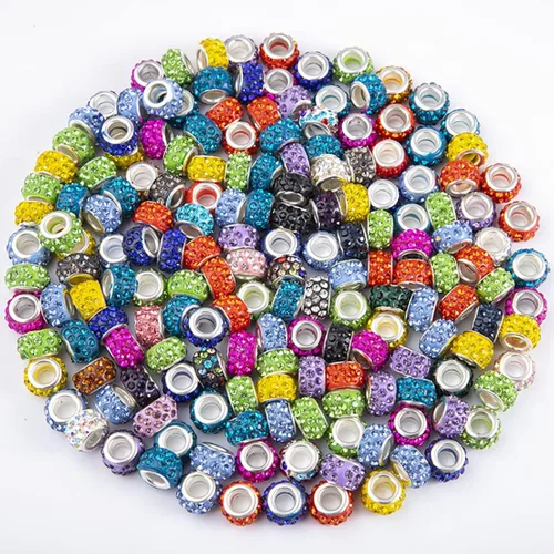 Miniatura 20 de Decoendiy 100 cuentas europeas de diamantes de imitación, cuentas espaciadoras de diamantes de imitación de agujero grande, cuentas planas redondas