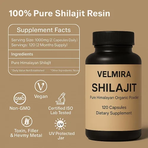 Miniatura 4 de Velmira. Shilajit Cápsulas de resina pura del Himalaya. 1000 mg, verificado en laboratorio, naturales para hombres y mujeres, más de 85 minerales
