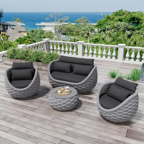 Juego de muebles de patio de 4 piezas ensamblado, conjunto de sofá de conversación para exteriores de cuerda tejida a mano - Sofá de aluminio Cuerda