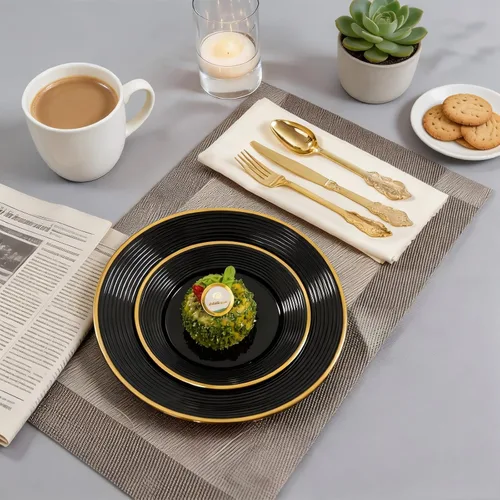 Miniatura 8 de Liacere 100 platos de plástico negro, platos desechables resistentes, platos negros y dorados, incluye platos para cena/postre para bodas, fiestas