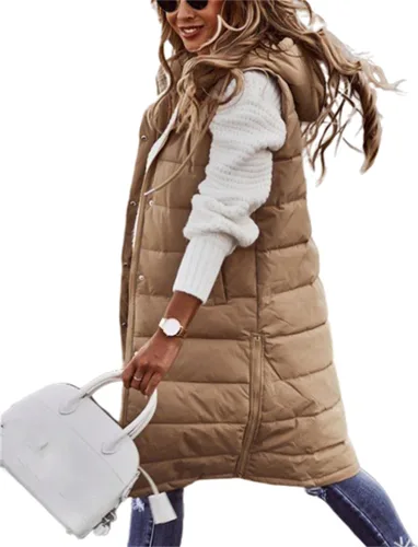 Miniatura 3 de Chaleco largo para mujer, sin mangas, acolchado, con cremallera, capucha, abrigo de invierno cálido, ligero, con bolsillos