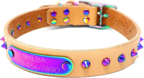 Miniatura 10 de Collar de perro de cuero con brida hecha a mano, grabado arco iris de acero inoxidable (negro)