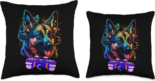 Miniatura 3 de Funny Video Gamer Dog German Shepherd Lovers Cojín para hombre y niño con diseño de pastor alemán para jugar en videojuegos, 18 x 18 pulgadas