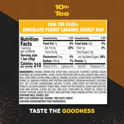 Miniatura 2 de 10th Tee Plus+ Barra de chocolate y caramelo de maní hecha con ingredientes naturales, barras de 1.76 onzas (12 unidades) Barra energética de golf