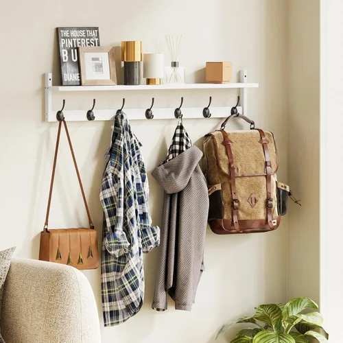 Miniatura 5 de BAMEOS Ganchos de pared de 35" L con estante, ganchos para abrigos de entrada, estante de madera para colgar en la pared, perchero montado en pared