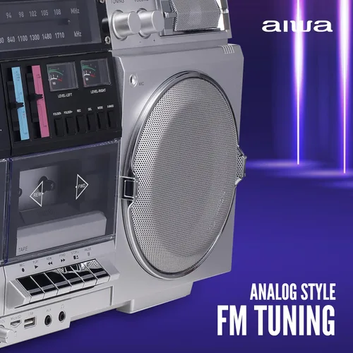 Miniatura 6 de aiwa Reproductor de CD Boombox retro con grabación de cassette, Bluetooth 5.0, radio FM/AM, entradas USB/SD/AUX, medidores VU, pantalla LCD, Plateado