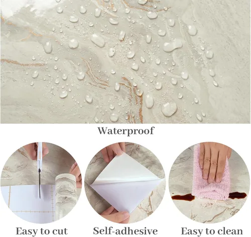 Miniatura 8 de VaryPaper Papel tapiz de mármol brillante de 15.7''x78.7'', beige-gris-dorado, despegar y pegar, autoadhesivo, grueso, duradero, removible
