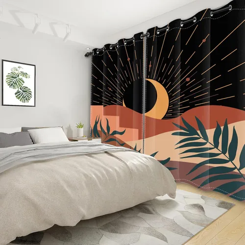 Miniatura 3 de Cortinas abstractas bohemias para ventana, estética de mediados de siglo, hojas de luna de montaña, para oscurecer la habitación, cortina con ojales