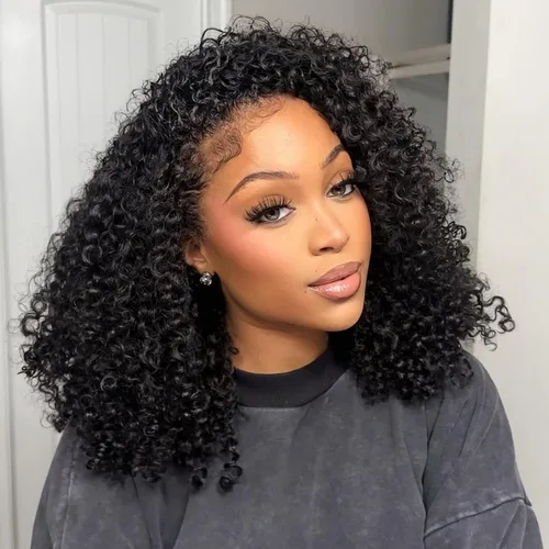 Boopwine Peluca de cabello humano rizado tipo afro de 12 pulgadas, 3 en 1, con cordón sin costuras, para mujeres negras, sin pegamento, para