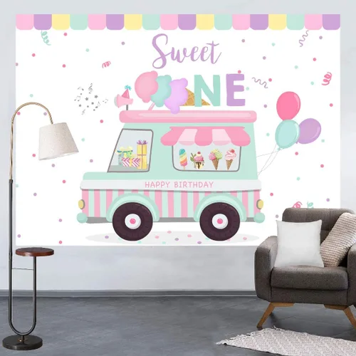 Miniatura 4 de Lofaris Telón de fondo para tienda de helados con texto en inglés «Happy Birthday» Sweet One Summer Baby Girls Party Photography Background 1st