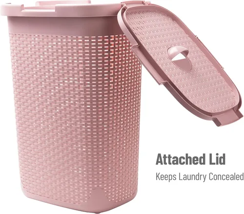 Miniatura 5 de Mind Reader Cesta de lavandería delgada con tapa, cestas de ropa de 60L, diseño de mimbre premium, plástico, paquete de 2, rosa