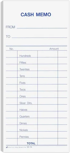 BankSupplies Cash Memo 2.75 W x 6.25 H Paquete de 1000 formas acolchadas de tinta azul fondo blanco a y desde detalles