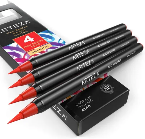 Miniatura 45 de Arteza Bolígrafos de pincel real, A174 gris delfín, paquete de 4, bolígrafos de acuarela con puntas de pincel de nailon, suministros de arte