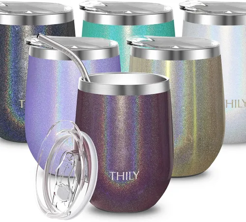 Miniatura 8 de THILY T2 Vaso de vino de acero inoxidable aislado – Juego de copas de vino sin tallo con triple aislamiento de viaje con tapa hermética y popote