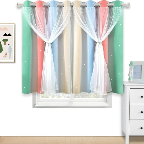Miniatura 2 de Cortinas Opacas con Corte de Estrella Arcoíris para Dormitorio de Niñas - Doble Capa con Ojales Superiores para Sala de Estar, 2 Paneles