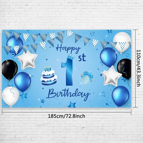 Miniatura 2 de Cartel de fondo de feliz primer cumpleaños azul para recién nacidos, fondo de fotografía para primer cumpleaños, suministros de decoración de fiesta