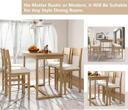 Miniatura 6 de Farmhouse - Juego de mesa de comedor rústica de altura de mostrador para 4, juego de mesa de bar de cocina de 5 piezas, mesa de comedor rectangular