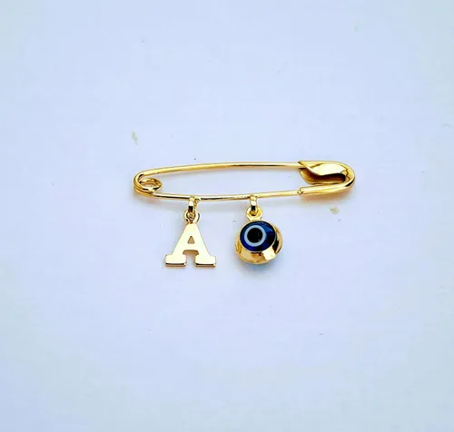 Miniatura 7 de 14k. Yellow Gold Baby Safety Pin Evil Eye & Initial Charms/Christening/Baptism/NOT Gold Filled NOT Gold Plated