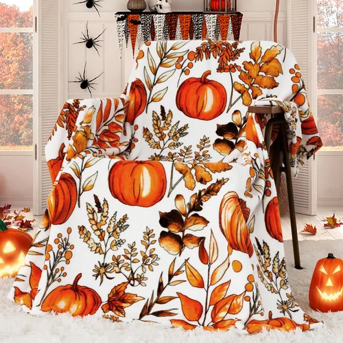 ROMROL Manta de Halloween, manta de otoño, mullida, acogedora, suave, hojas de calabaza, manta de franela de felpa de forro polar, decoración de