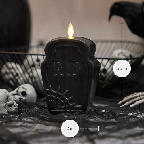 Miniatura 6 de Luminara Vela sin llama negra con diseño de lápida antidesgarros, (2 x 5.5 pulgadas), llama móvil, funciona con pilas, luces LED para decoración
