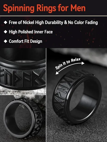 Miniatura 5 de FaithHeart Anillo giratorio nórdico vikingo con runas de acero inoxidable chapado en oro para hombres y mujeres, puede grabar personalizado